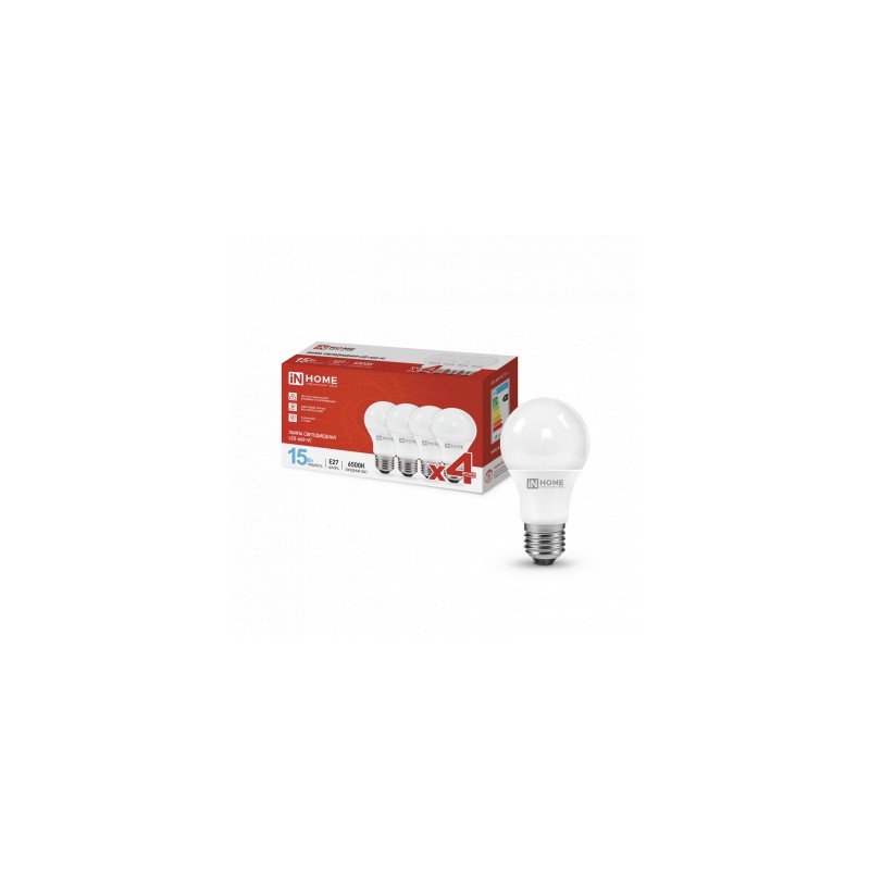 Лампа светодиодная LED-A60-VC 4PACK 15Вт 230В Е27 6500К 1430Лм (4шт./упак) IN HOME