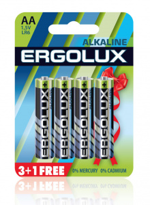 Ergolux  LR6 Alkaline BL 3+1(FREE) (LR6 BL3+1, батарейка,1.5В) (4 !!/40/720)