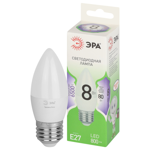 Лампа светодиодная ЭРА 8 Вт GL E27 GREEN LINE LED B35-8W-865-E27 свеча холодный свет (10/100)