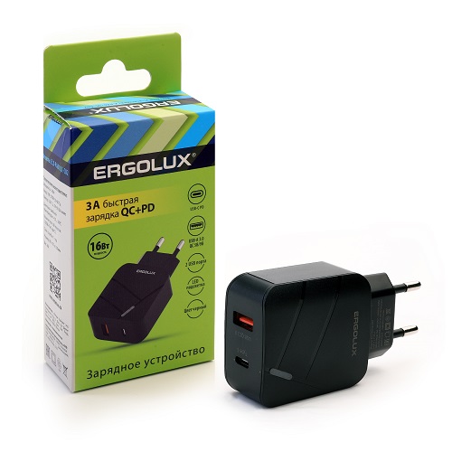 ERGOLUX ELX-РA01QC-C02 (Сетевой адаптер 18Вт 1USB+1Type C, 100-220В, 5-9V/3А, QC, Черный, Коробка) (1/10/240)