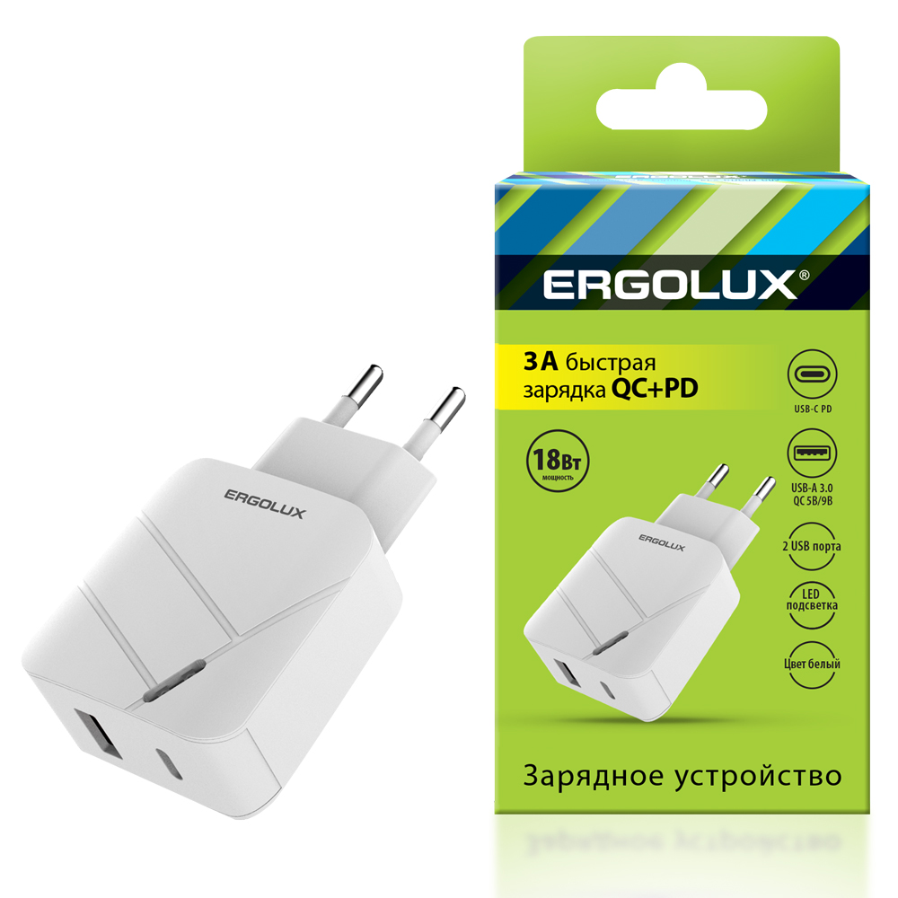 ERGOLUX ELX-РA01QC-C01 (Сетевой адаптер 18Вт 1USB+1Type C, 100-220В, 5-9V/3А, QC, Белый, Коробка) (1/10/240)